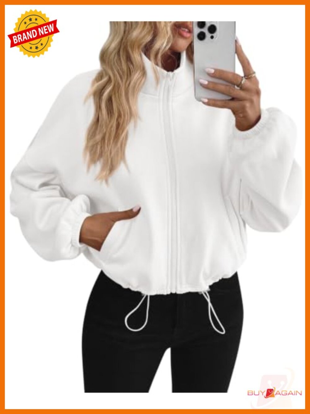 Women's Cropped Fleece Zip Up Sweatshirt Drawstring Hem Oversized Jacket